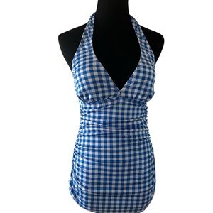 Bettie Page pinup girl swimsuit in cute gingham print.